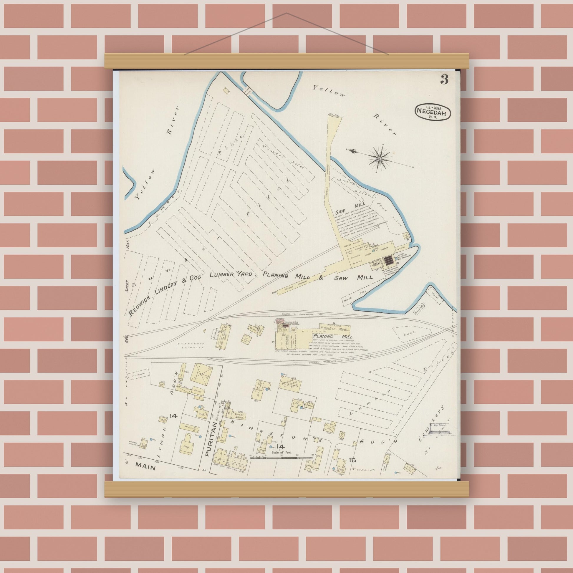 Old map wall art mockup — magnetic wood frame on brick wall — Sanborn Fire Insurance Map from Necedah, Juneau County, Wisconsin (1885), Sheet #0003