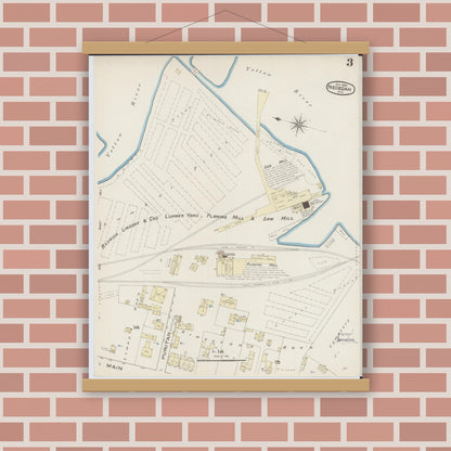 Old map wall art mockup — magnetic wood frame on brick wall — Sanborn Fire Insurance Map from Necedah, Juneau County, Wisconsin (1885), Sheet #0003