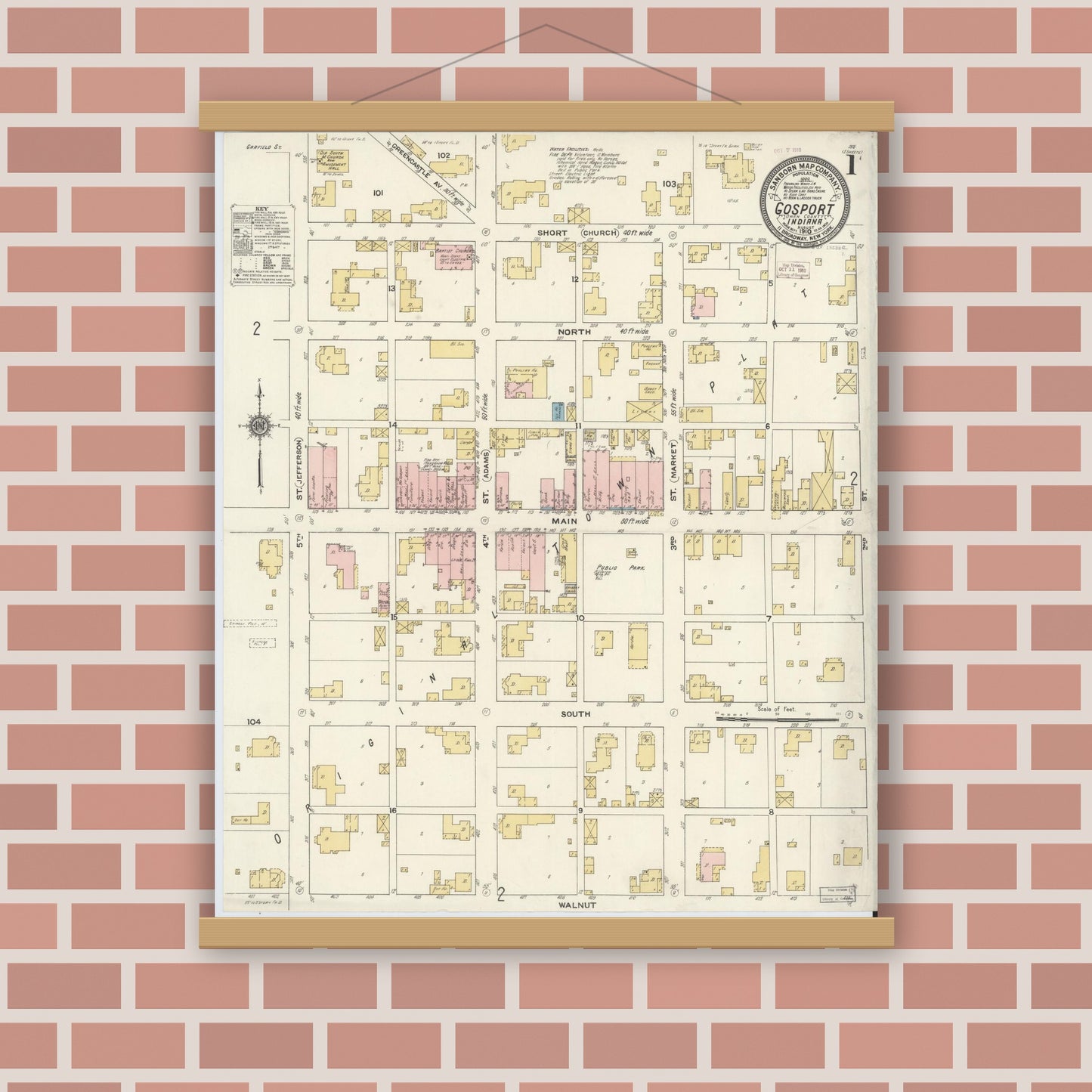 Old map wall art mockup — magnetic wood frame on brick wall — Sanborn Fire Insurance Map from Gosport, Owen County, Indiana (1910) - Complete Map Set