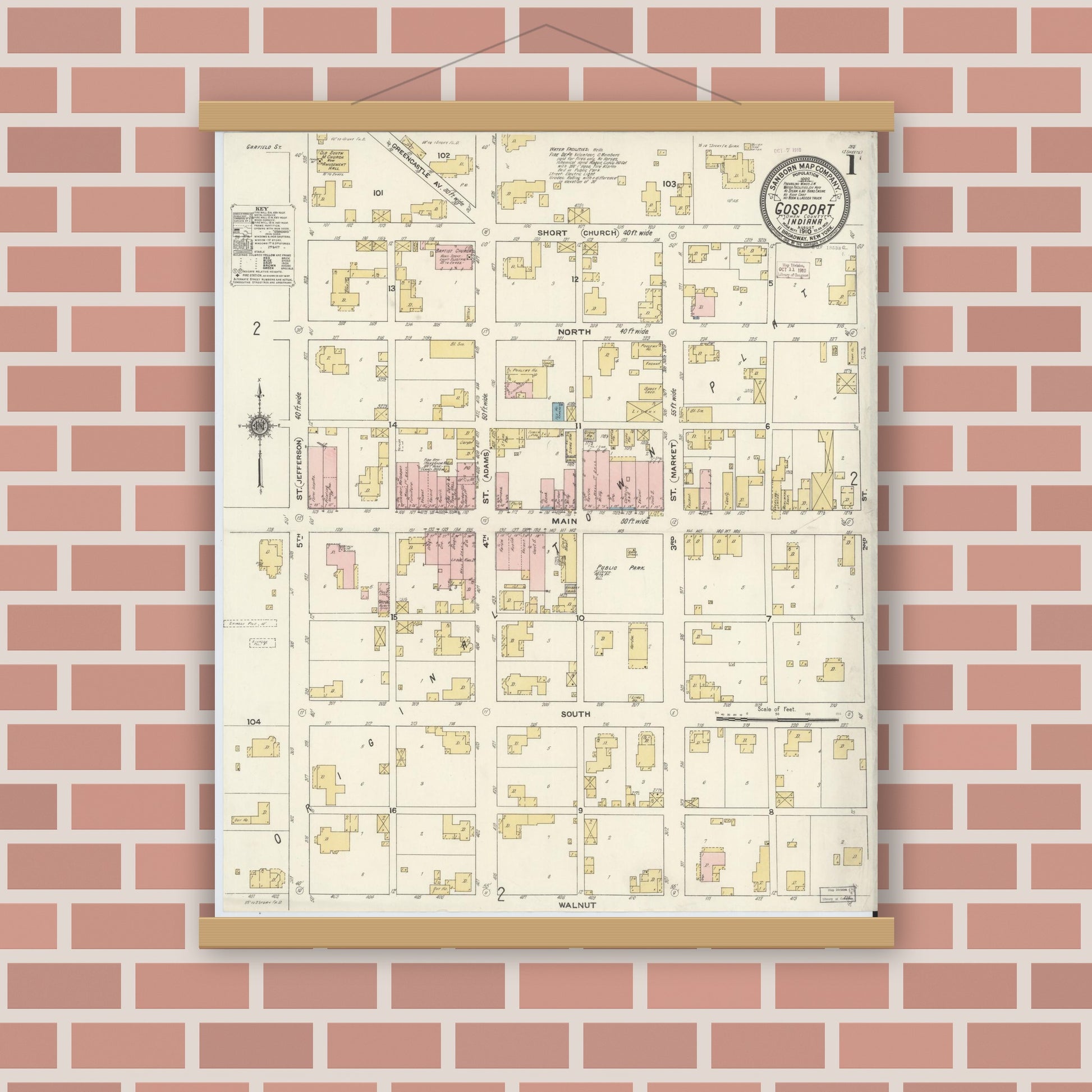 Old map wall art mockup — magnetic wood frame on brick wall — Sanborn Fire Insurance Map from Gosport, Owen County, Indiana (1910) - Complete Map Set