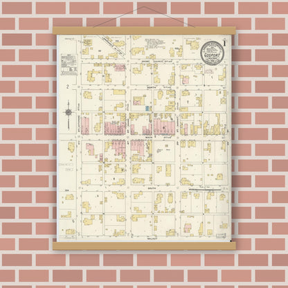 Old map wall art mockup — magnetic wood frame on brick wall — Sanborn Fire Insurance Map from Gosport, Owen County, Indiana (1910) - Complete Map Set