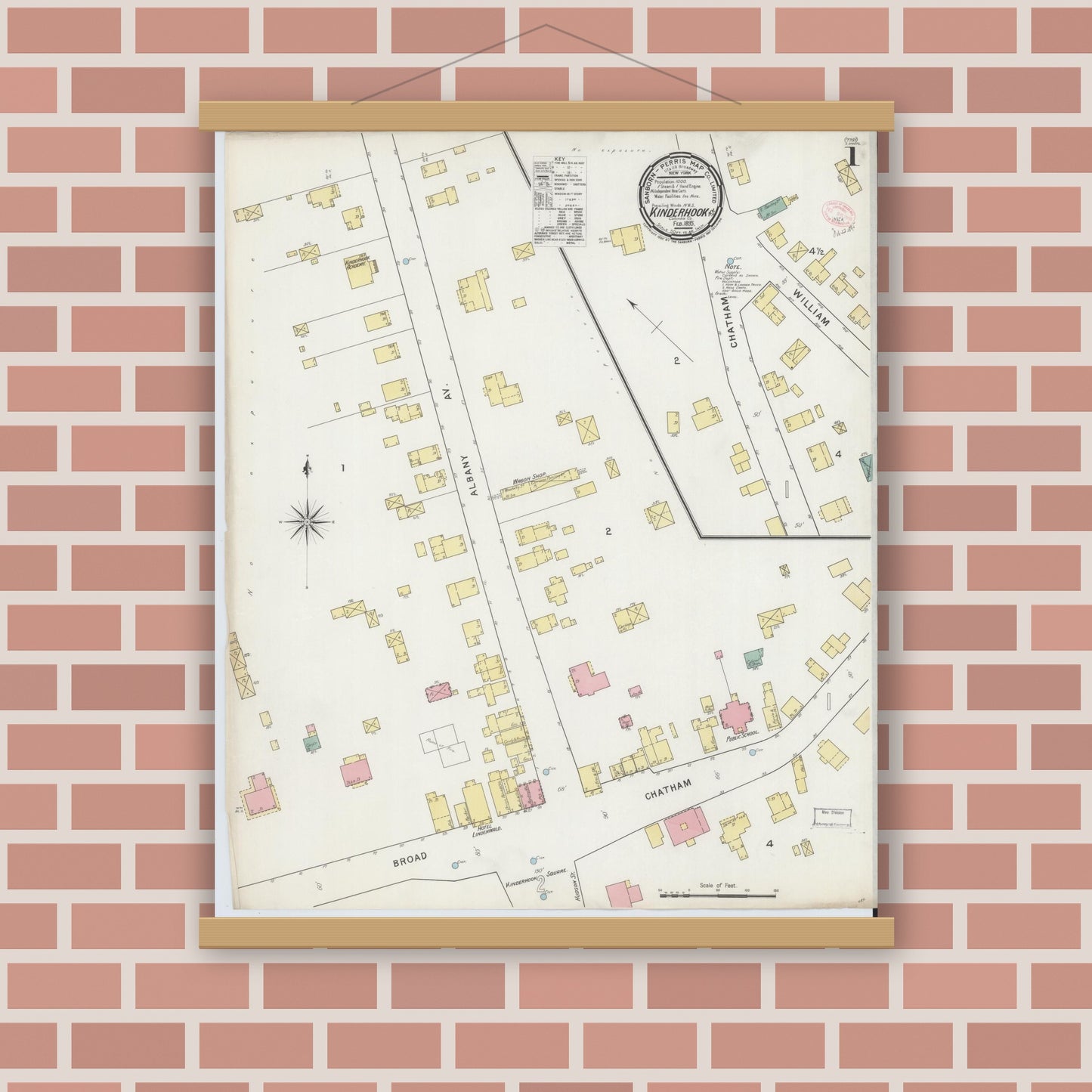 Old map wall art mockup — magnetic wood frame on brick wall — Sanborn Fire Insurance Map from Kinderhook, Columbia County, New York (1895), Sheet #0001