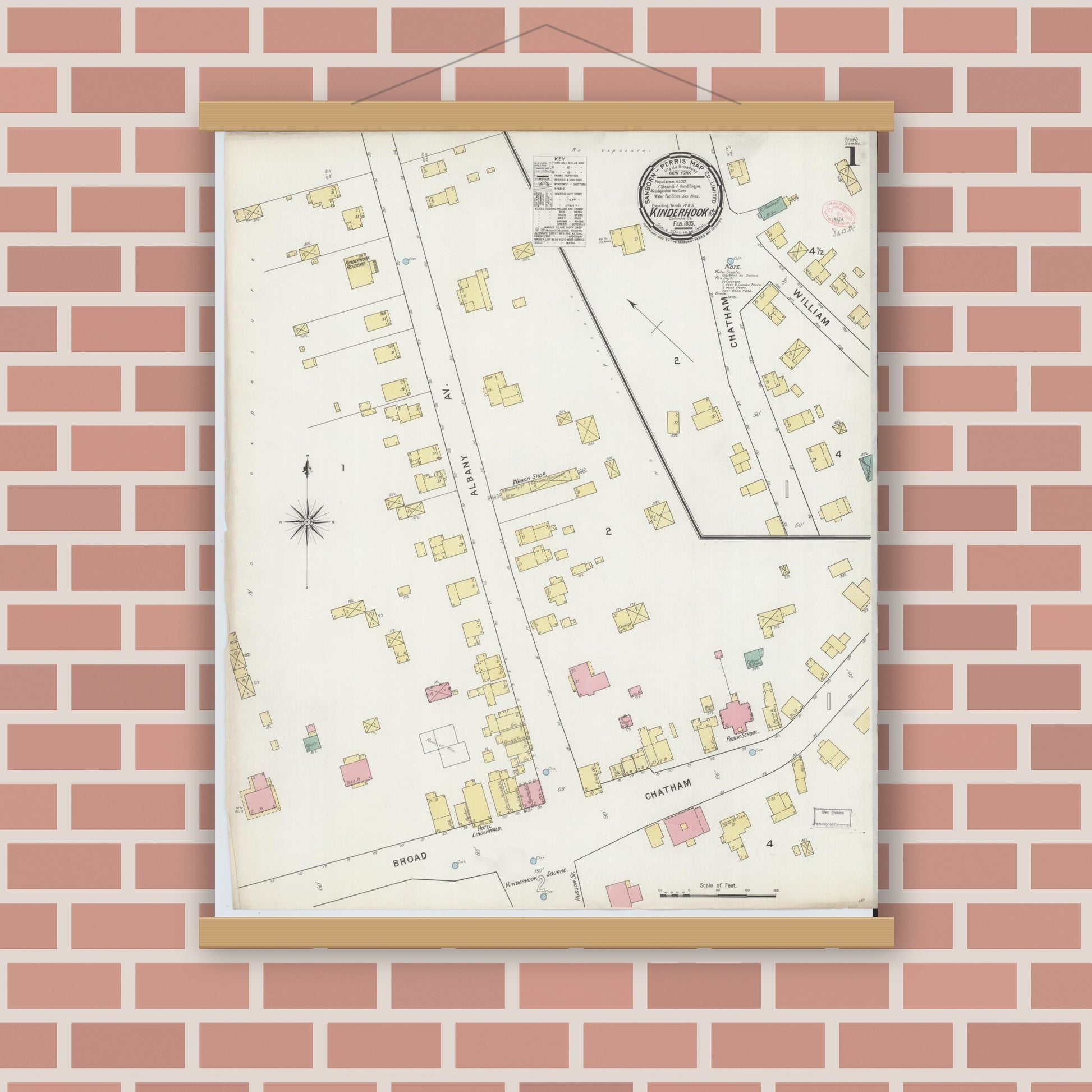 Old map wall art mockup — magnetic wood frame on brick wall — Sanborn Fire Insurance Map from Kinderhook, Columbia County, New York (1895), Sheet #0001