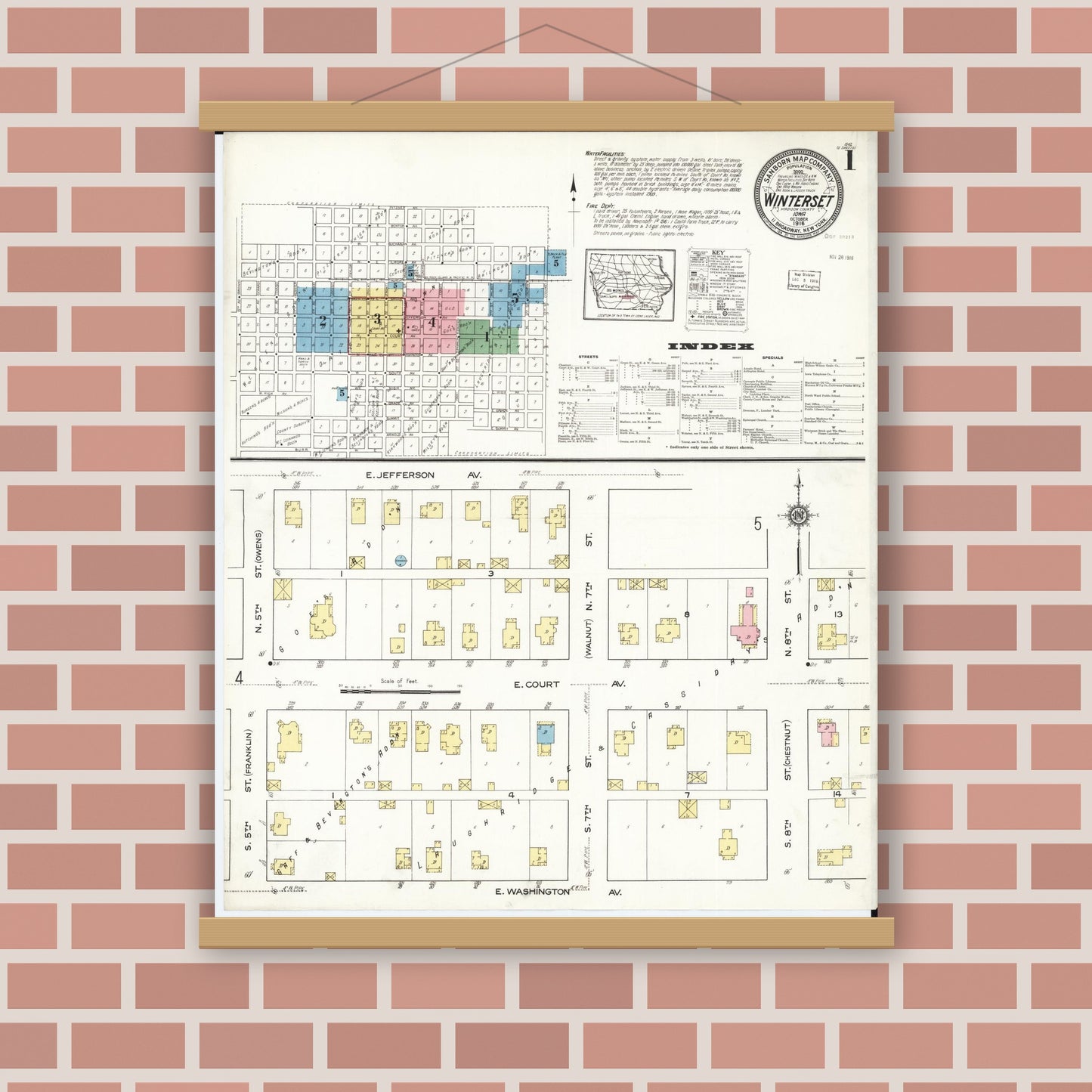 Old map wall art mockup — magnetic wood frame on brick wall — Sanborn Fire Insurance Map from Winterset, Madison County, Iowa (1916), Sheet #0001