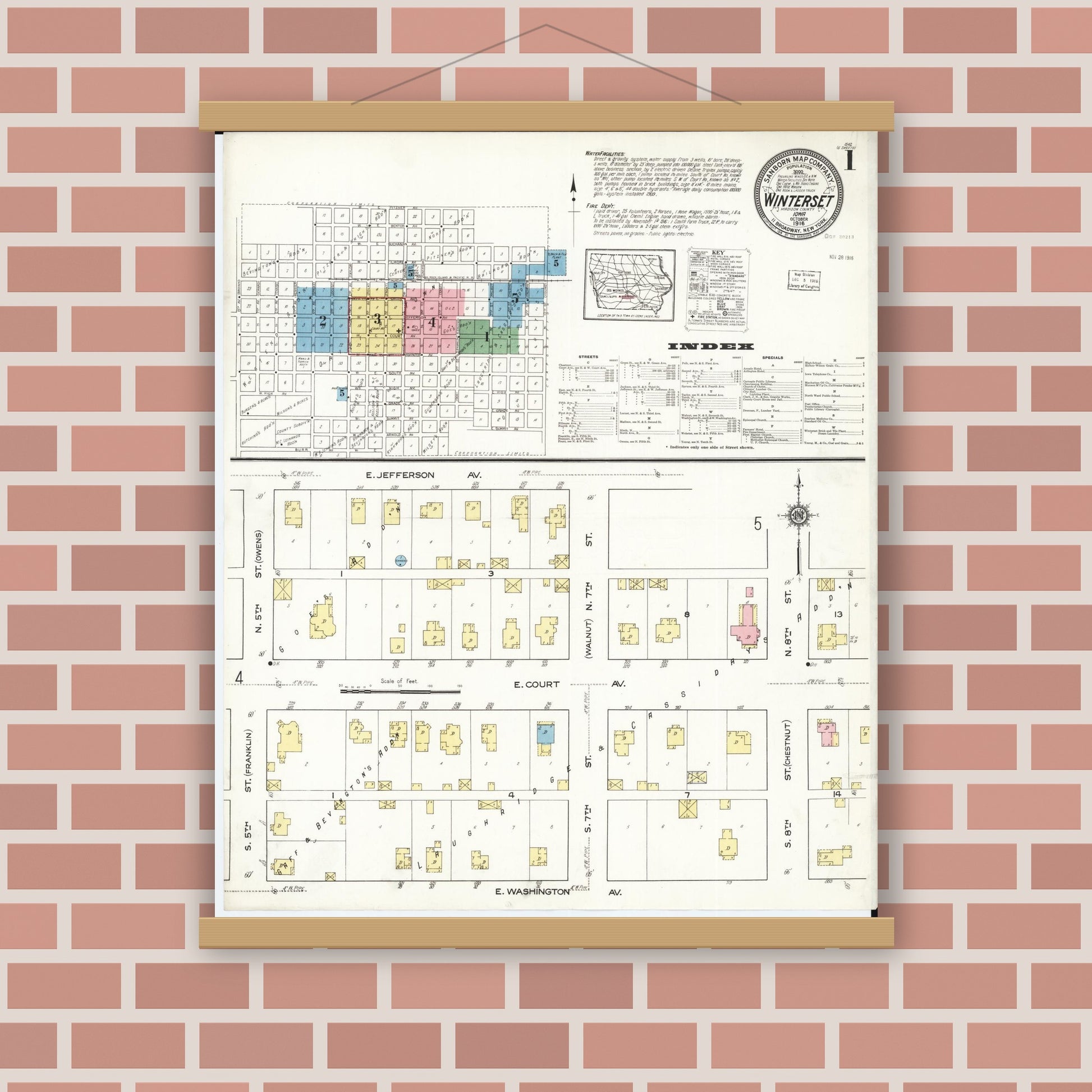 Old map wall art mockup — magnetic wood frame on brick wall — Sanborn Fire Insurance Map from Winterset, Madison County, Iowa (1916), Sheet #0001