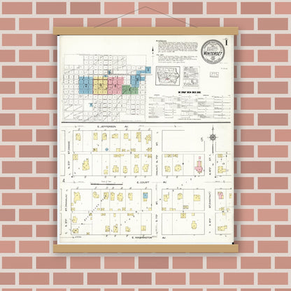 Old map wall art mockup — magnetic wood frame on brick wall — Sanborn Fire Insurance Map from Winterset, Madison County, Iowa (1916), Sheet #0001