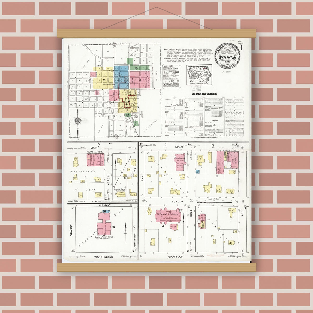 Old map wall art mockup — magnetic wood frame on brick wall — Sanborn Fire Insurance Map from Waukon, Allamakee County, Iowa (1920), Sheet #0001