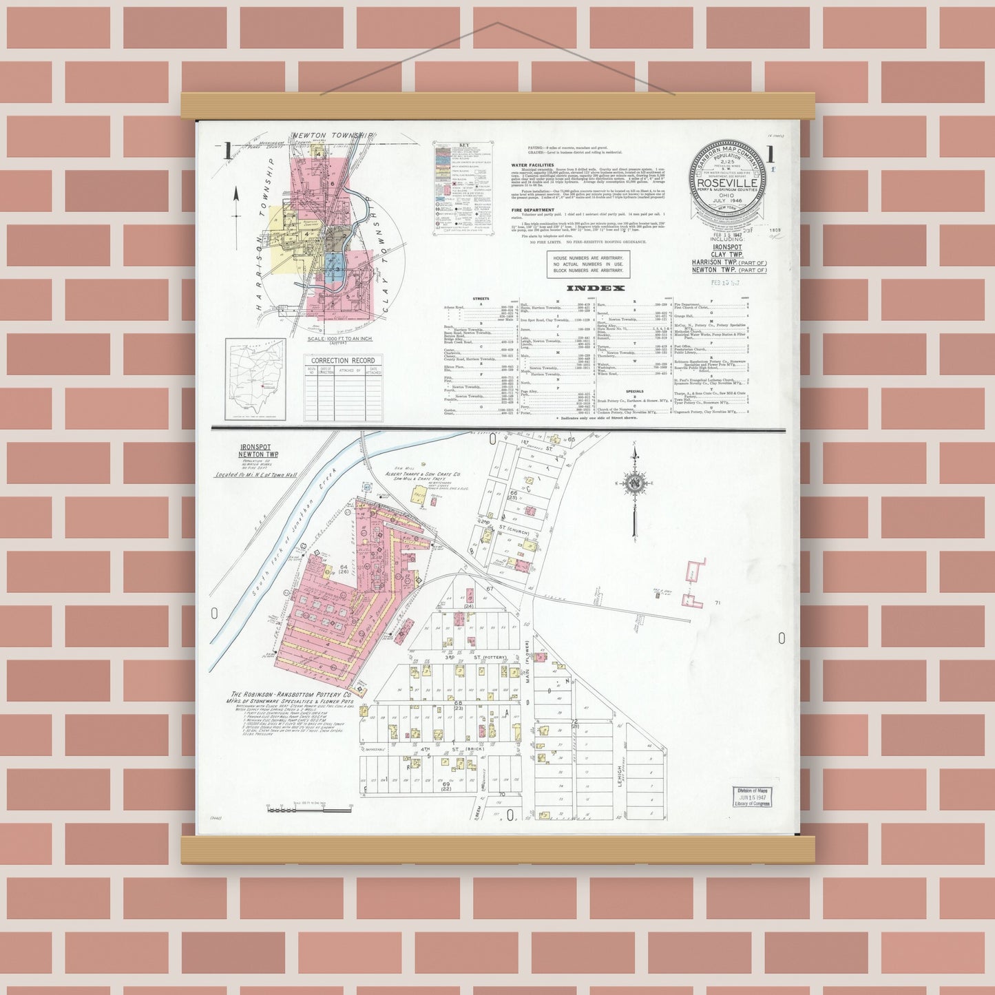 Old map wall art mockup — magnetic wood frame on brick wall — Sanborn Fire Insurance Map from Roseville, Perry And Muskingum Counties, Ohio (1946), Sheet #0001