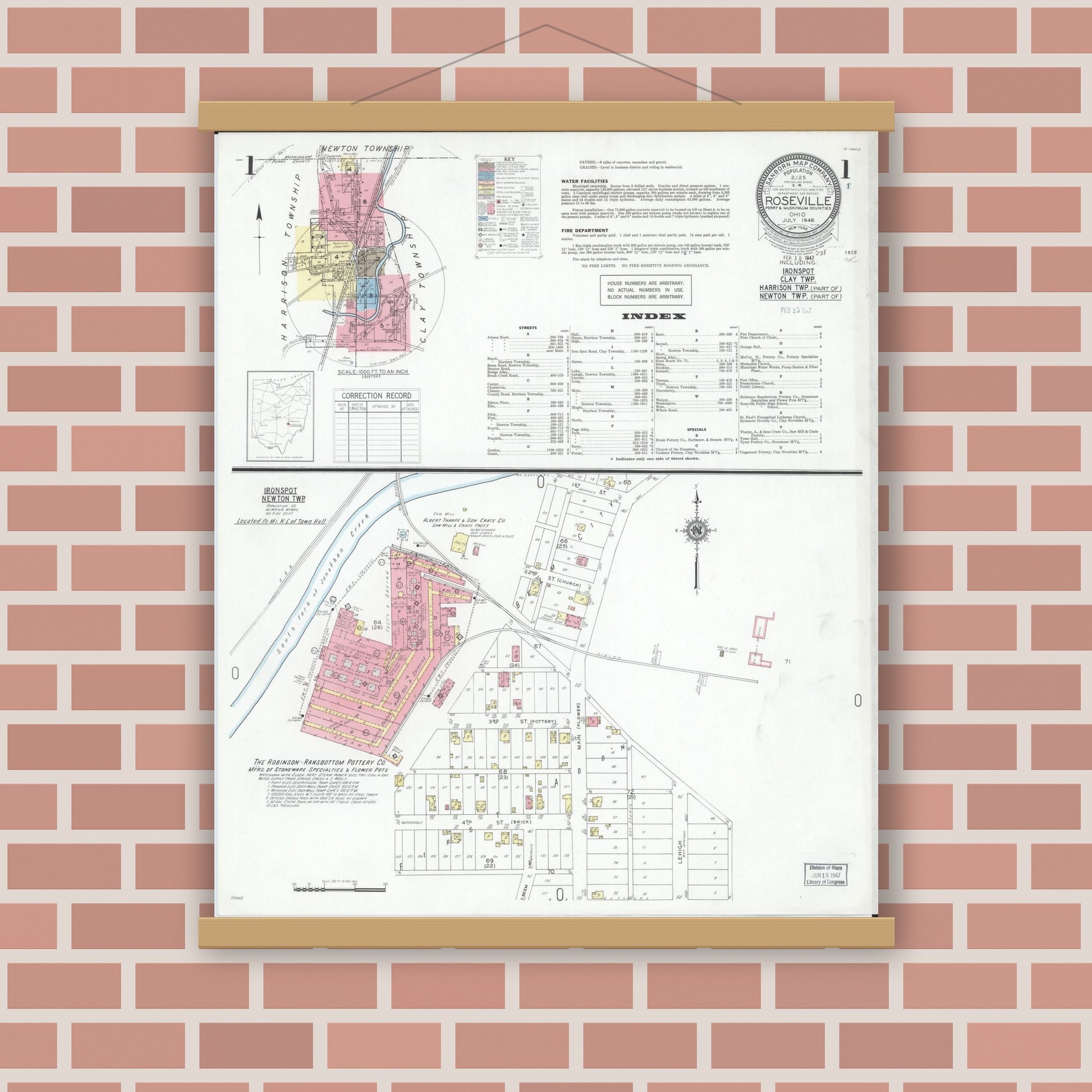Old map wall art mockup — magnetic wood frame on brick wall — Sanborn Fire Insurance Map from Roseville, Perry And Muskingum Counties, Ohio (1946), Sheet #0001