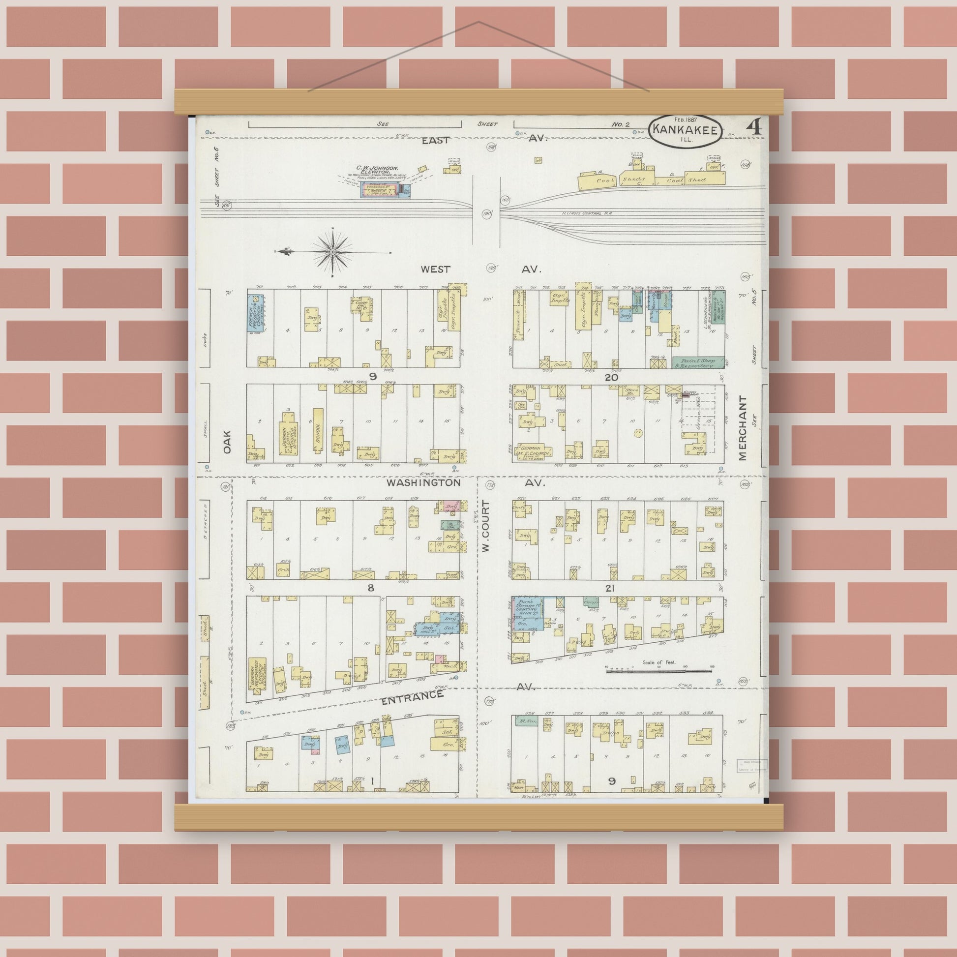 Old map wall art mockup — magnetic wood frame on brick wall — Sanborn Fire Insurance Map from Kankakee, Kankakee County, Illinois (1887), Sheet #0004