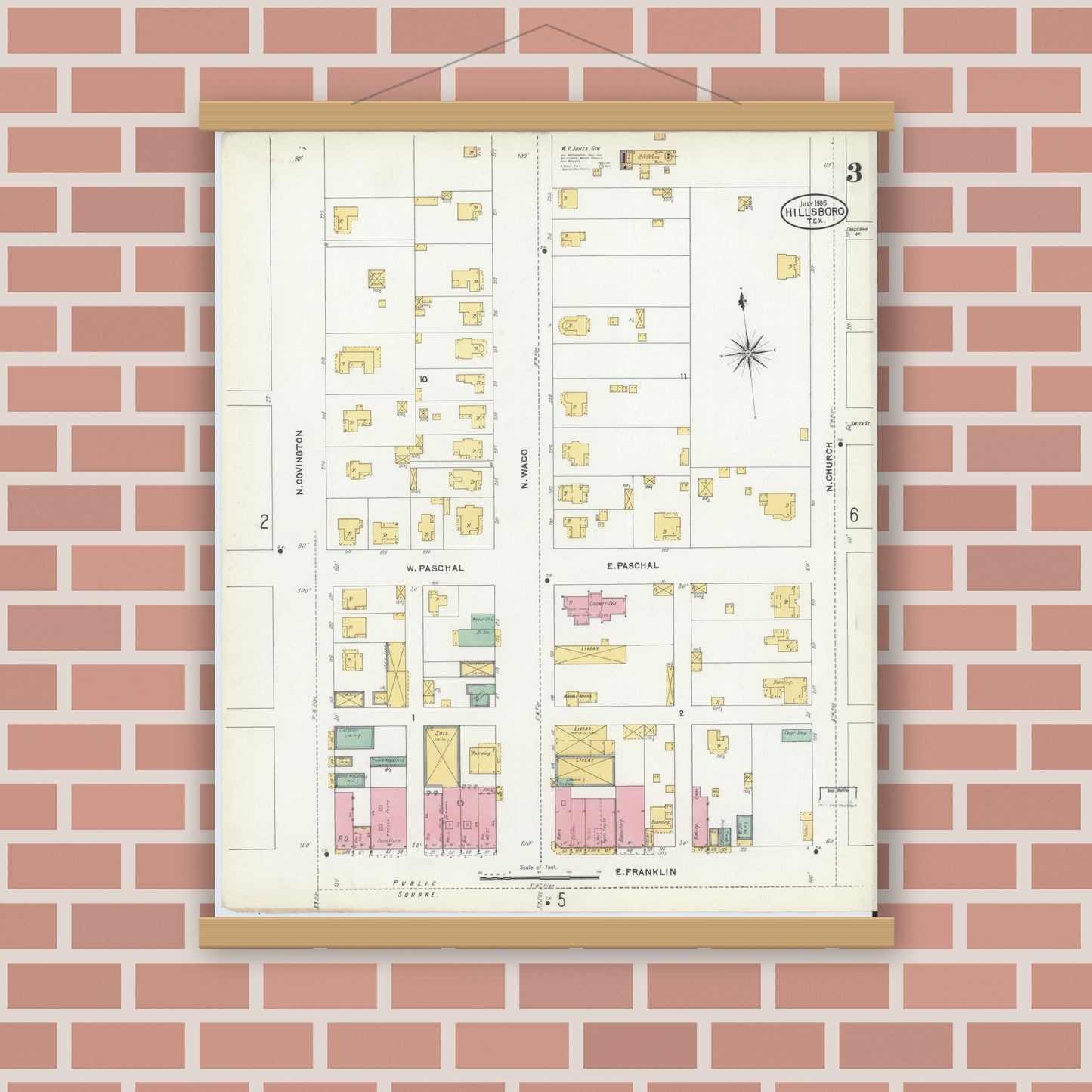 Old map wall art mockup — magnetic wood frame on brick wall — Sanborn Fire Insurance Map from Hillsboro, Hill County, Texas (1905), Sheet #0003