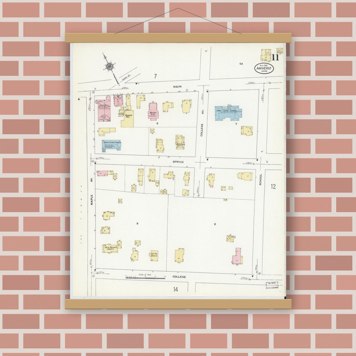 Old map wall art mockup — magnetic wood frame on brick wall — Sanborn Fire Insurance Map from Amherst, Hampshire County, Massachusetts (1910), Sheet #0011