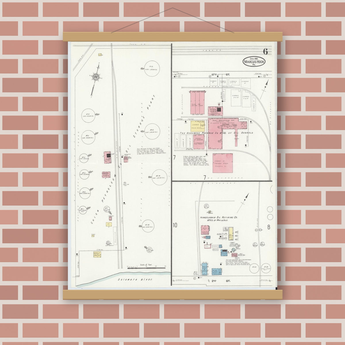 Old map wall art mockup — magnetic wood frame on brick wall — Sanborn Fire Insurance Map from Marcus Hook, Chester County, Pennsylvania (1912), Sheet #0006