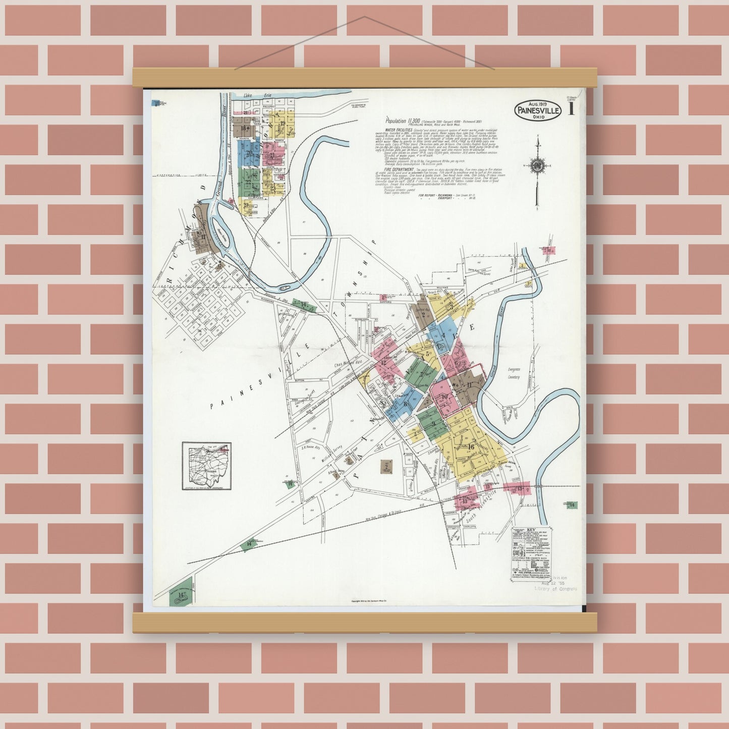 Old map wall art mockup — magnetic wood frame on brick wall — Sanborn Fire Insurance Map from Painesville, Lake County, Ohio (1919), Sheet #0001