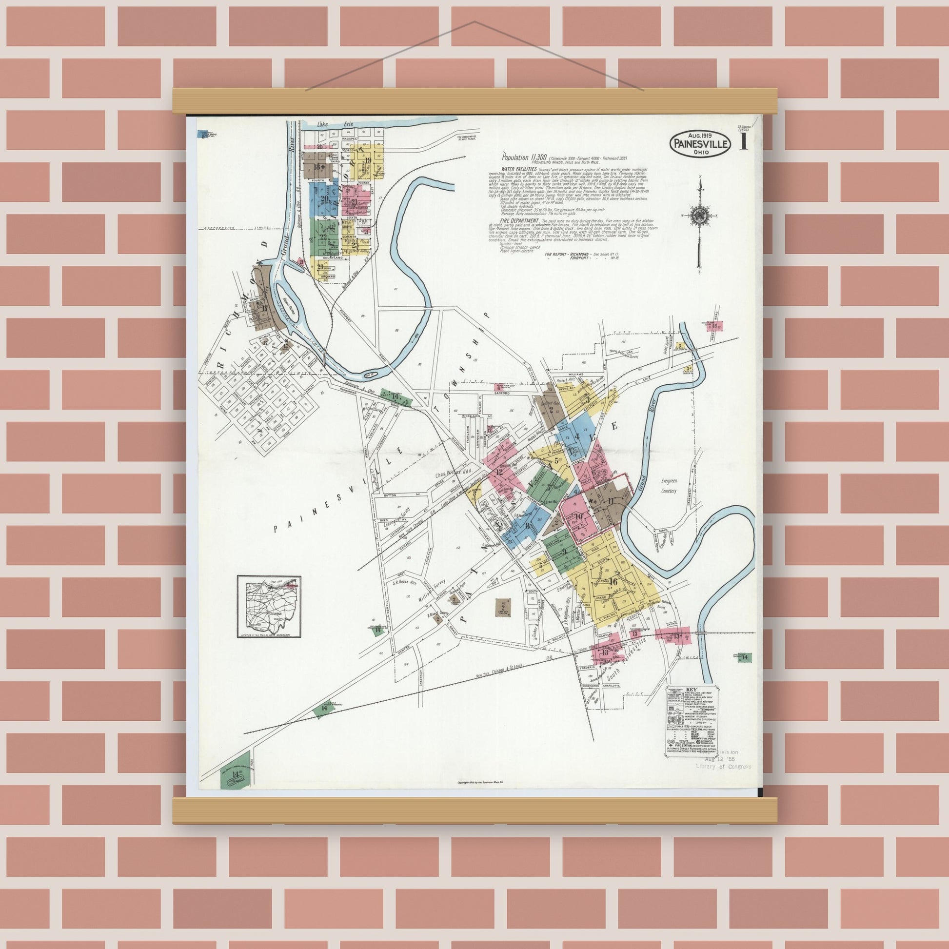 Old map wall art mockup — magnetic wood frame on brick wall — Sanborn Fire Insurance Map from Painesville, Lake County, Ohio (1919), Sheet #0001