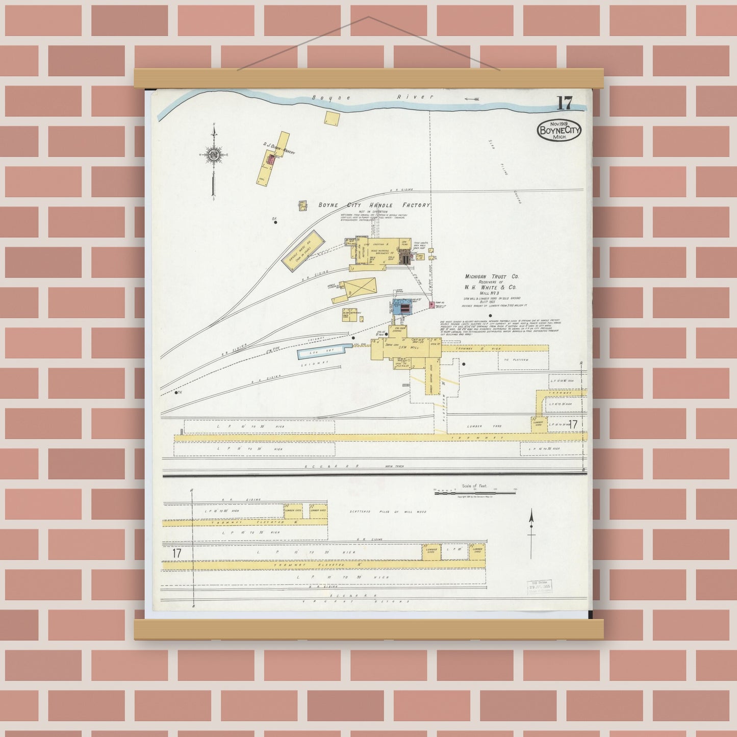 Old map wall art mockup — magnetic wood frame on brick wall — Sanborn Fire Insurance Map from Boyne City, Charlevoix County, Michigan (1919), Sheet #0017