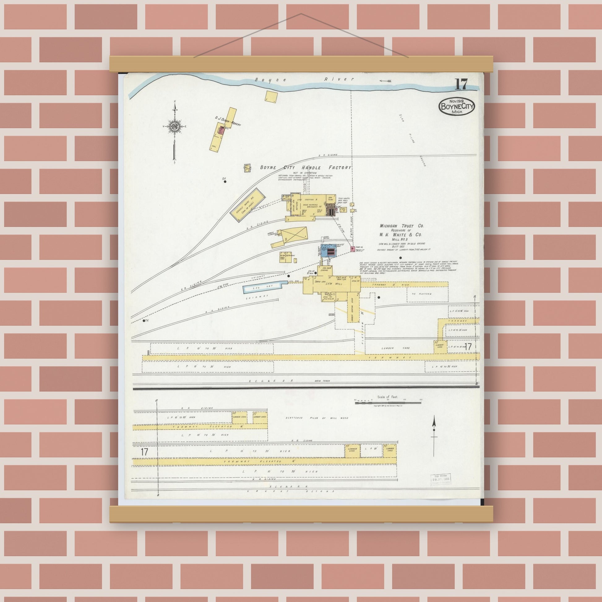 Old map wall art mockup — magnetic wood frame on brick wall — Sanborn Fire Insurance Map from Boyne City, Charlevoix County, Michigan (1919), Sheet #0017