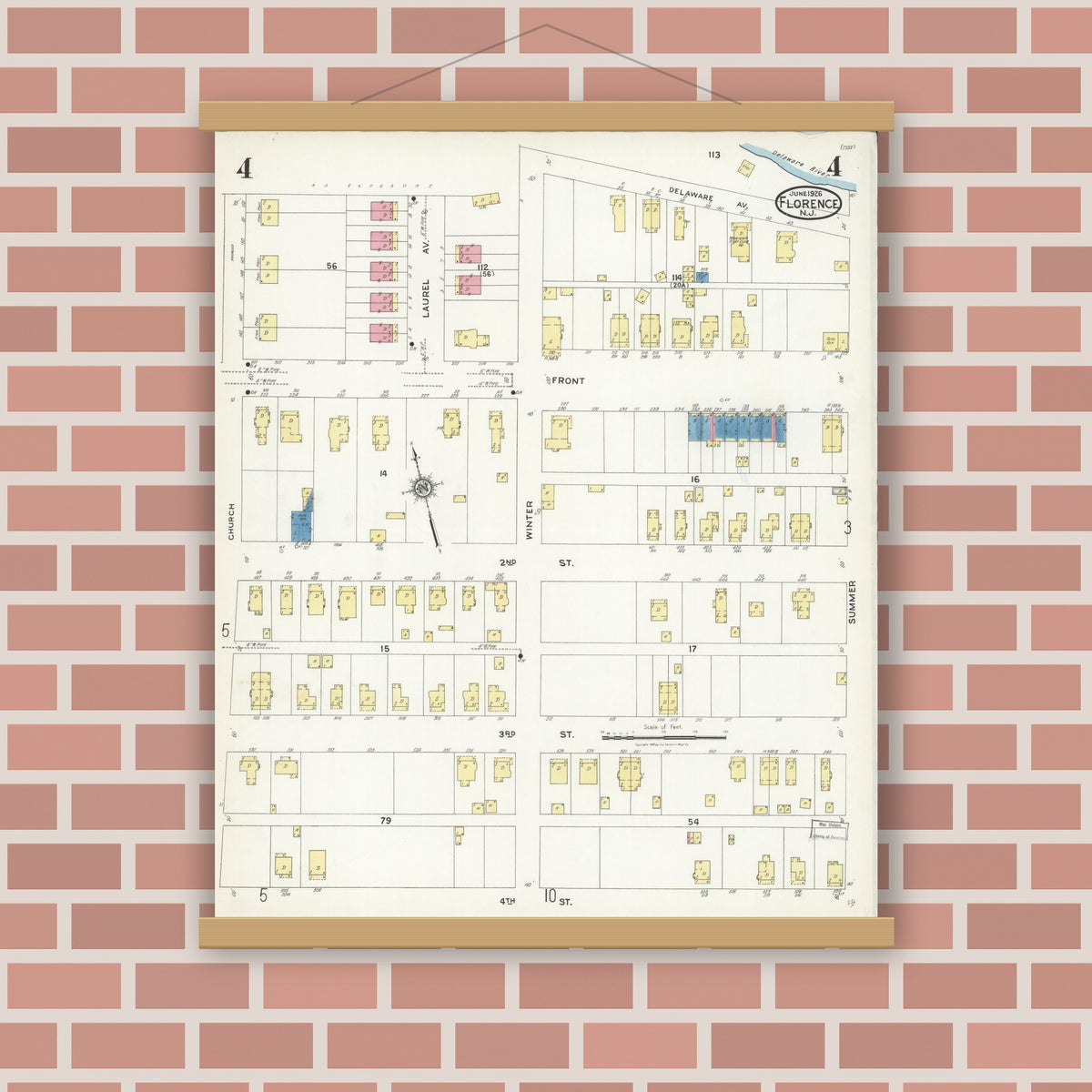 Old map wall art mockup — magnetic wood frame on brick wall — Sanborn Fire Insurance Map from Florence, Burlington County, New Jersey (1926), Sheet #0004