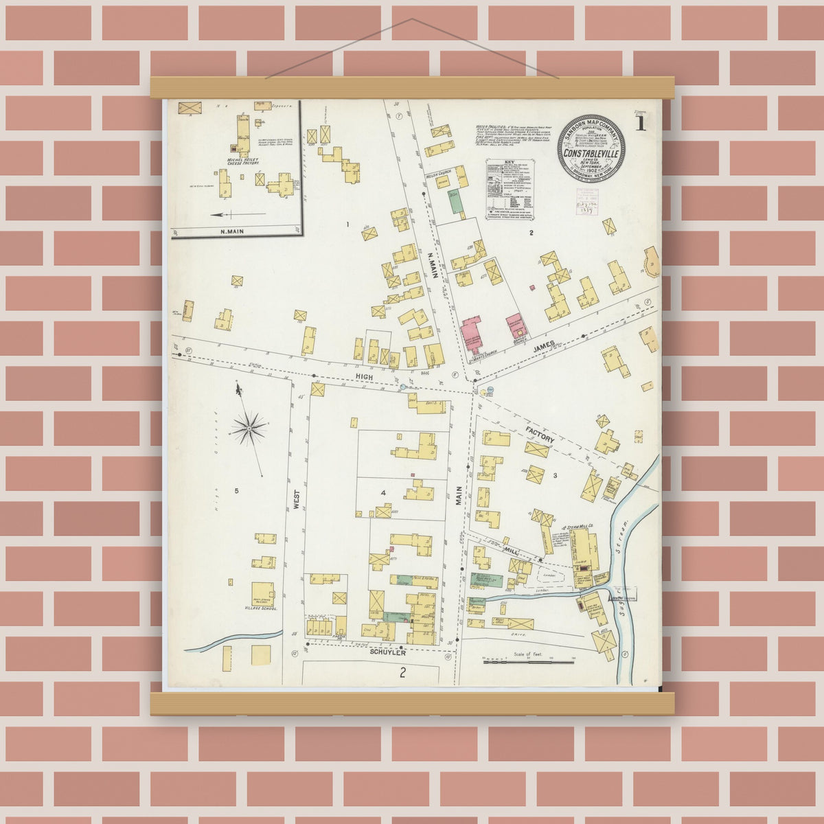 Old map wall art mockup — magnetic wood frame on brick wall — Sanborn Fire Insurance Map from Constableville, Lewis County, New York (1902), Sheet #0001