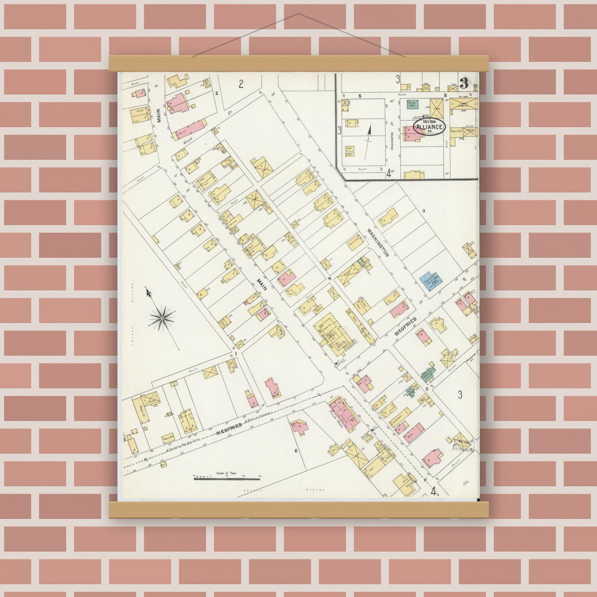 Old map wall art mockup — magnetic wood frame on brick wall — Sanborn Fire Insurance Map from Alliance, Northampton County, Pennsylvania (1904), Sheet #0003