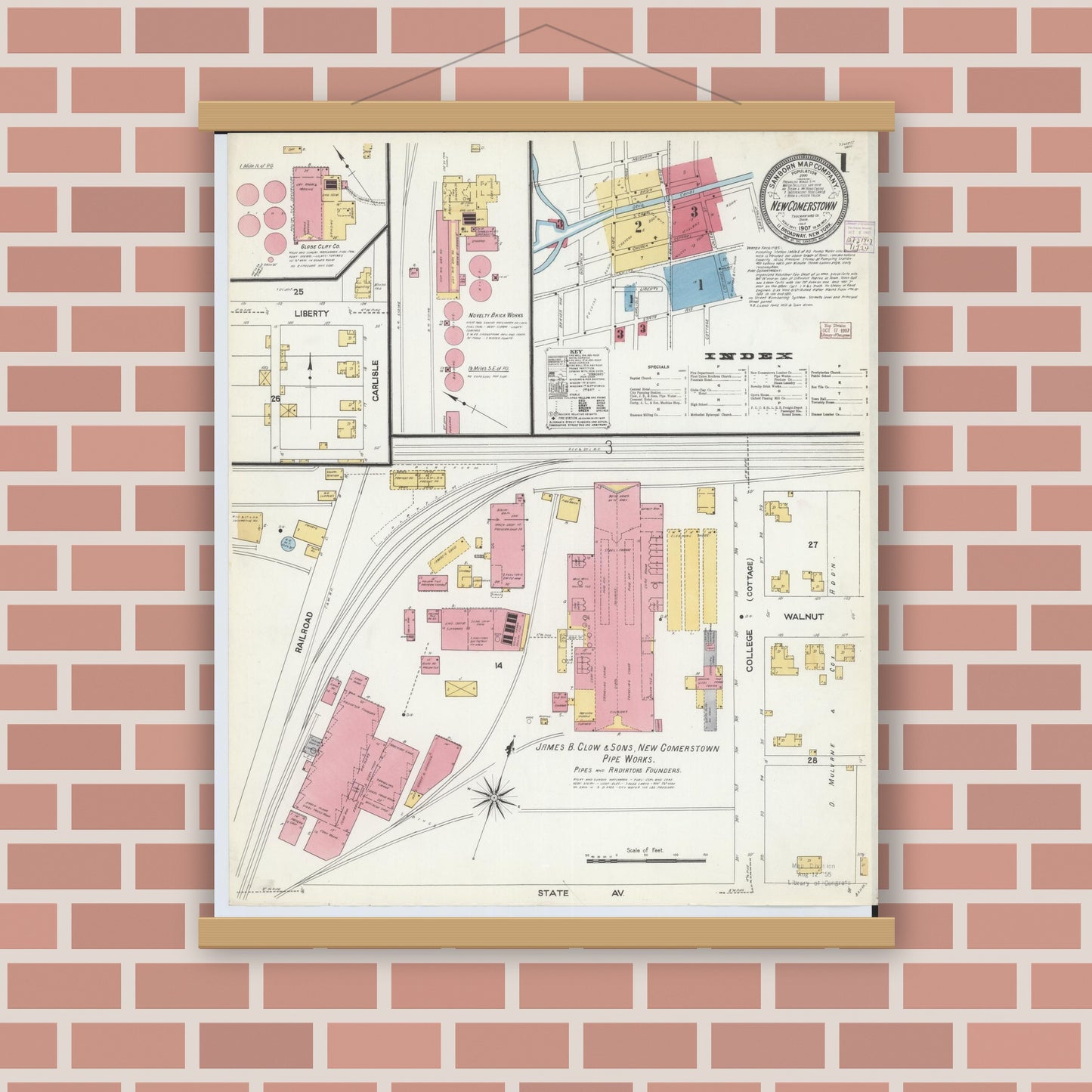 Old map wall art mockup — magnetic wood frame on brick wall — Sanborn Fire Insurance Map from Newcomerstown, Tuscarawas County, Ohio (1907), Sheet #0001