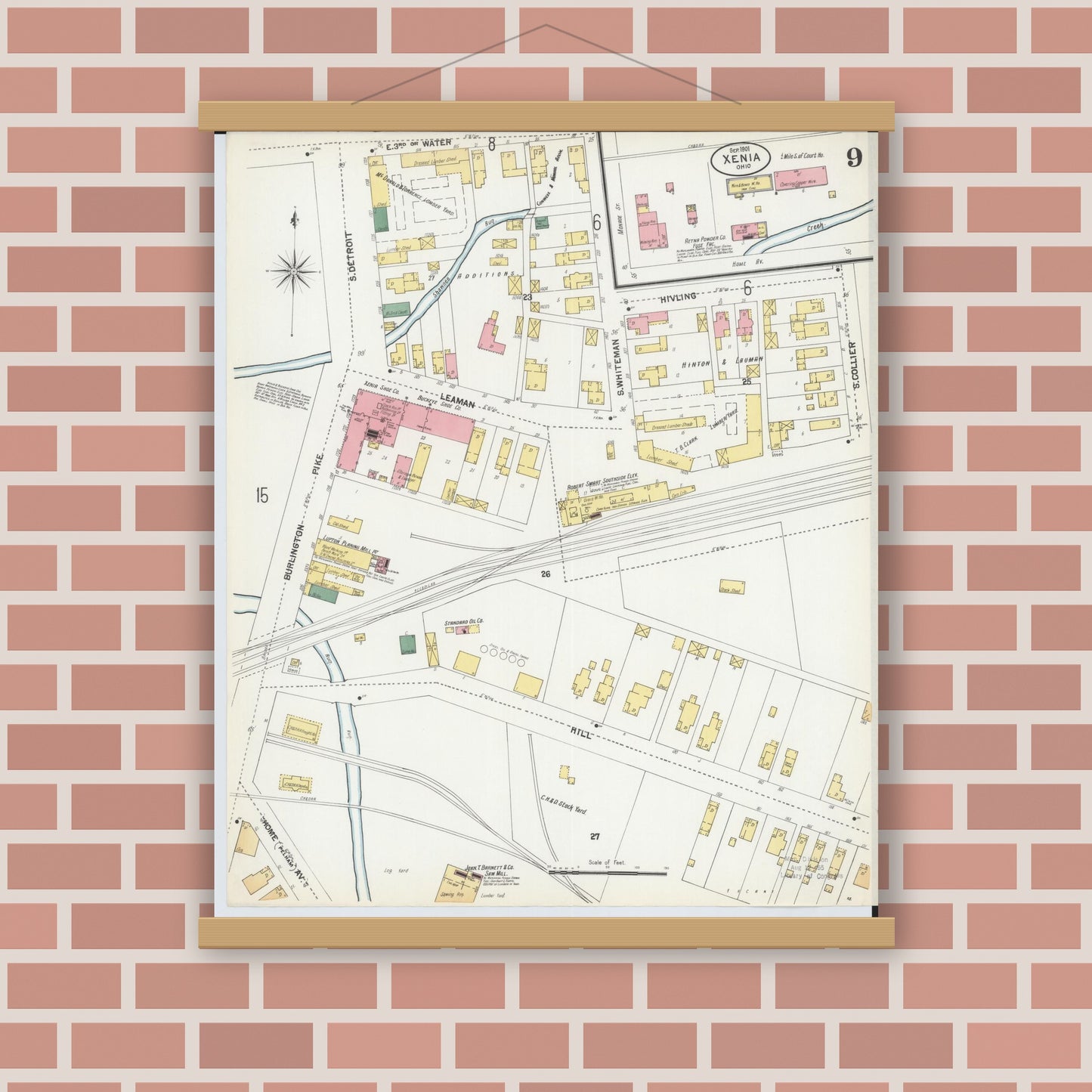 Old map wall art mockup — magnetic wood frame on brick wall — Sanborn Fire Insurance Map from Xenia, Greene County, Ohio (1901), Sheet #0009