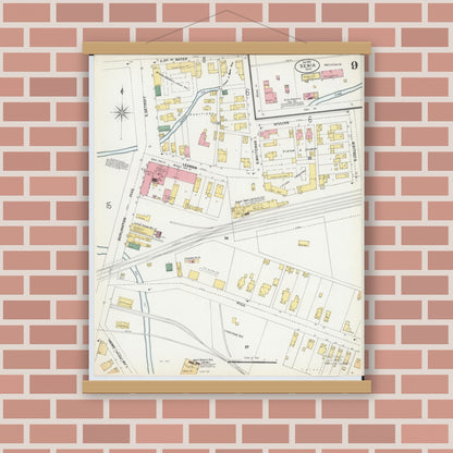 Old map wall art mockup — magnetic wood frame on brick wall — Sanborn Fire Insurance Map from Xenia, Greene County, Ohio (1901), Sheet #0009