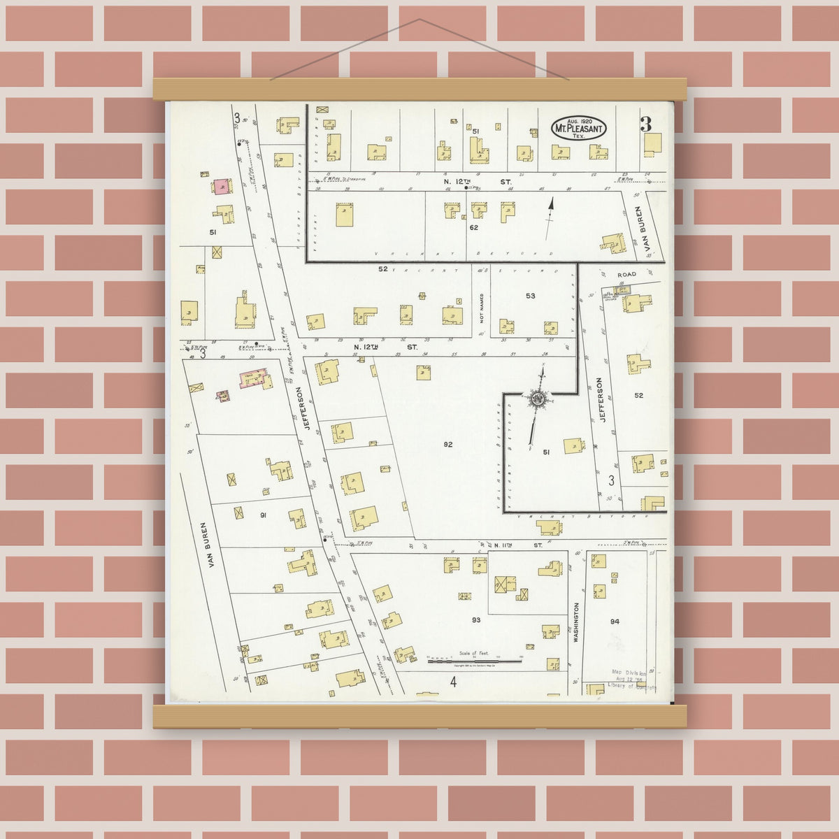 Old map wall art mockup — magnetic wood frame on brick wall — Sanborn Fire Insurance Map from Mount Pleasant, Titus County, Texas (1920), Sheet #0003