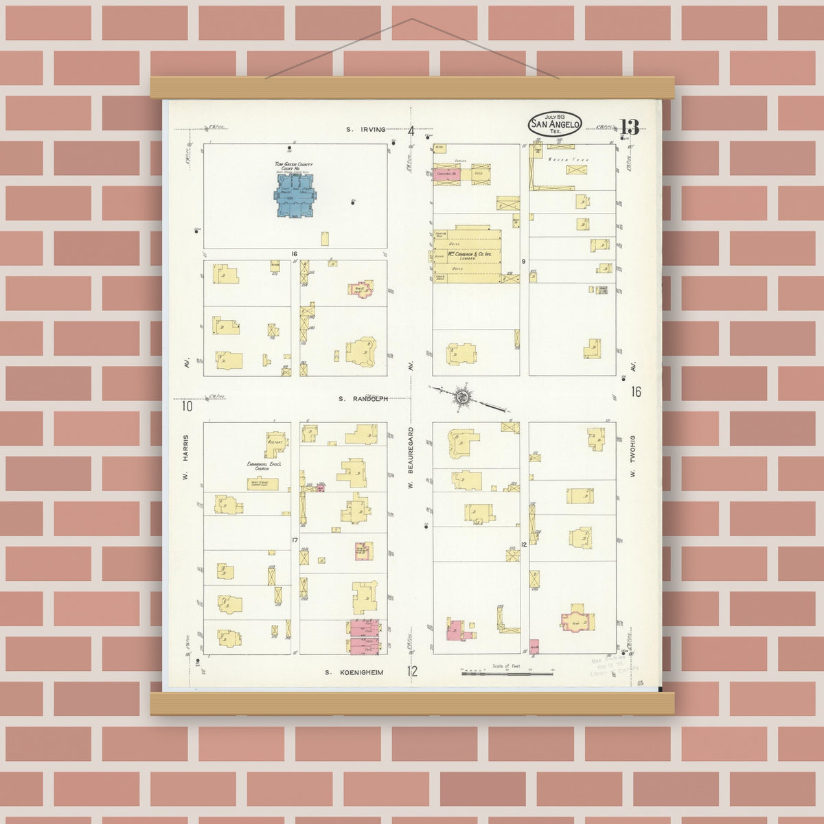 Old map wall art mockup — magnetic wood frame on brick wall — Sanborn Fire Insurance Map from San Angelo, Tom Green County, Texas (1913), Sheet #0013