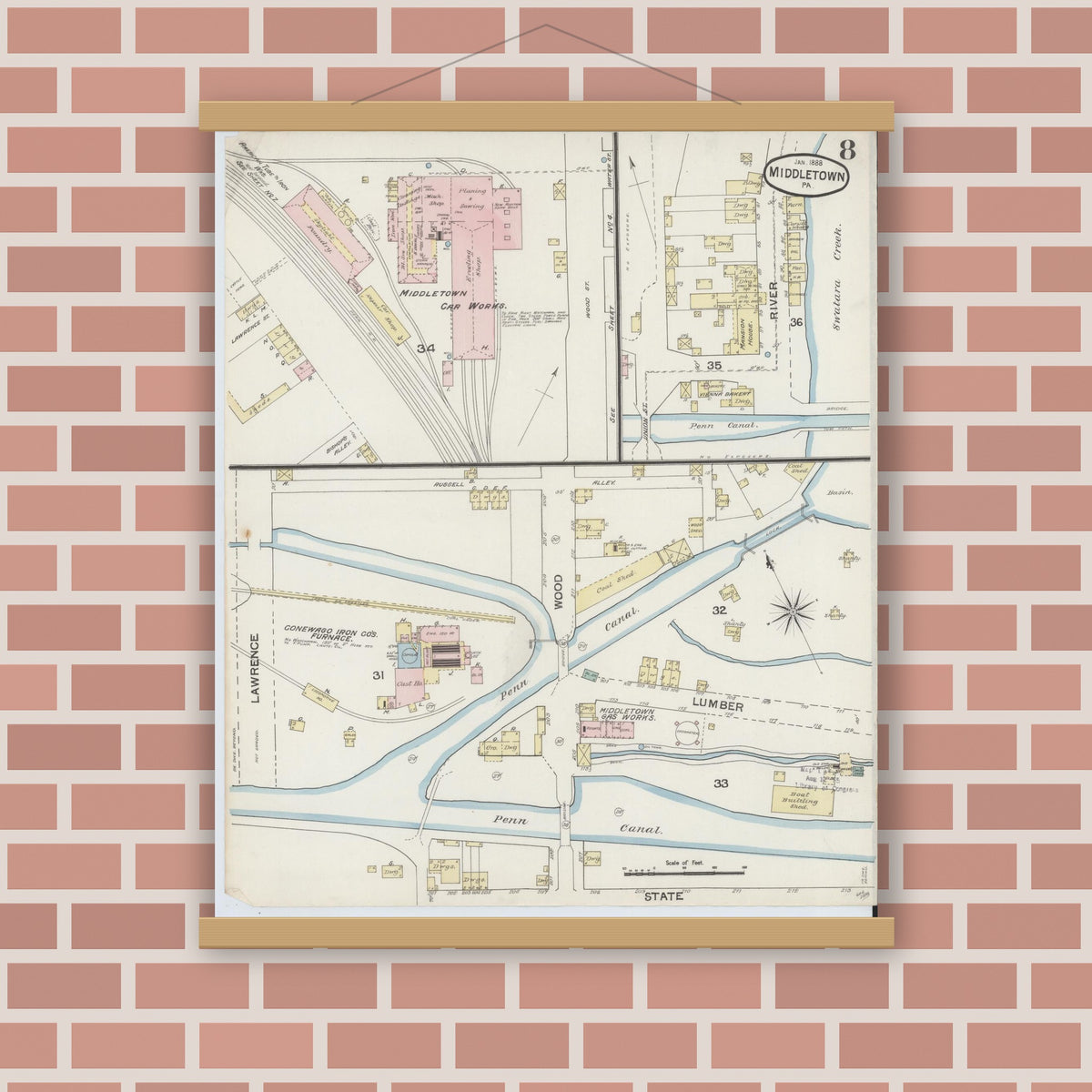 Old map wall art mockup — magnetic wood frame on brick wall — Sanborn Fire Insurance Map from Middletown, Dauphin County, Pennsylvania (1888), Sheet #0008