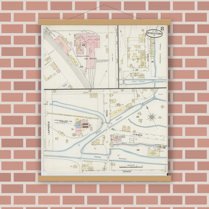 Old map wall art mockup — magnetic wood frame on brick wall — Sanborn Fire Insurance Map from Middletown, Dauphin County, Pennsylvania (1888), Sheet #0008