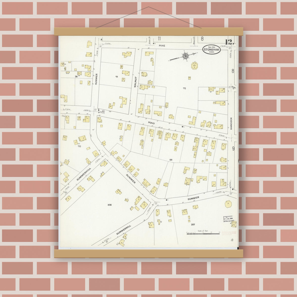 Old map wall art mockup — magnetic wood frame on brick wall — Sanborn Fire Insurance Map from Stoneham, Middlesex County, Massachusetts (1909), Sheet #0012