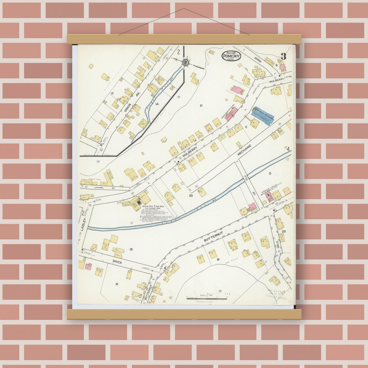 Old map wall art mockup — magnetic wood frame on brick wall — Sanborn Fire Insurance Map from Pomeroy, Meigs County, Ohio (1916), Sheet #0003