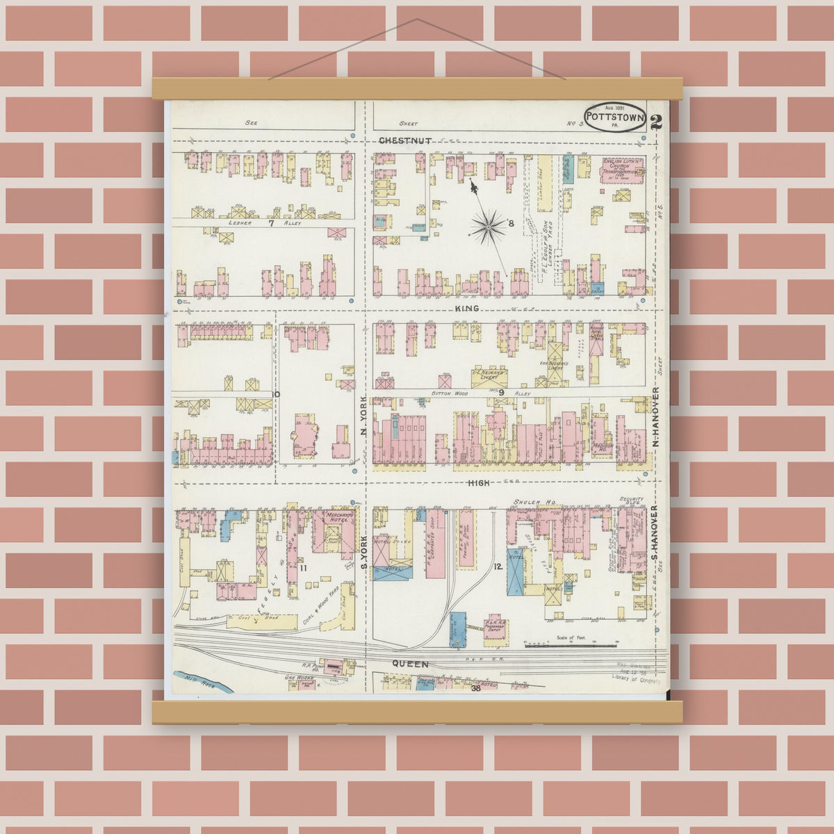 Old map wall art mockup — magnetic wood frame on brick wall — Sanborn Fire Insurance Map from Pottstown, Montgomery County, Pennsylvania (1891), Sheet #0002