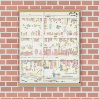 Old map wall art mockup — magnetic wood frame on brick wall — Sanborn Fire Insurance Map from Pottstown, Montgomery County, Pennsylvania (1891), Sheet #0002