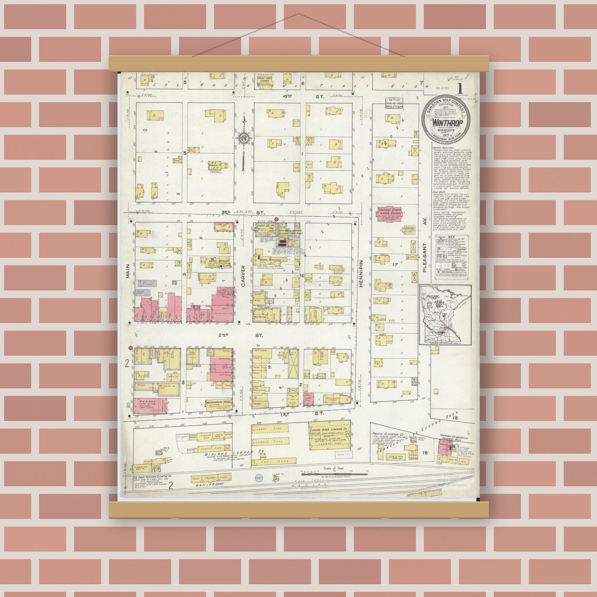 Old map wall art mockup — magnetic wood frame on brick wall — Sanborn Fire Insurance Map from Winthrop, Sibley County, Minnesota (1917) - Complete Map Set