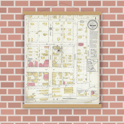 Old map wall art mockup — magnetic wood frame on brick wall — Sanborn Fire Insurance Map from Winthrop, Sibley County, Minnesota (1917) - Complete Map Set