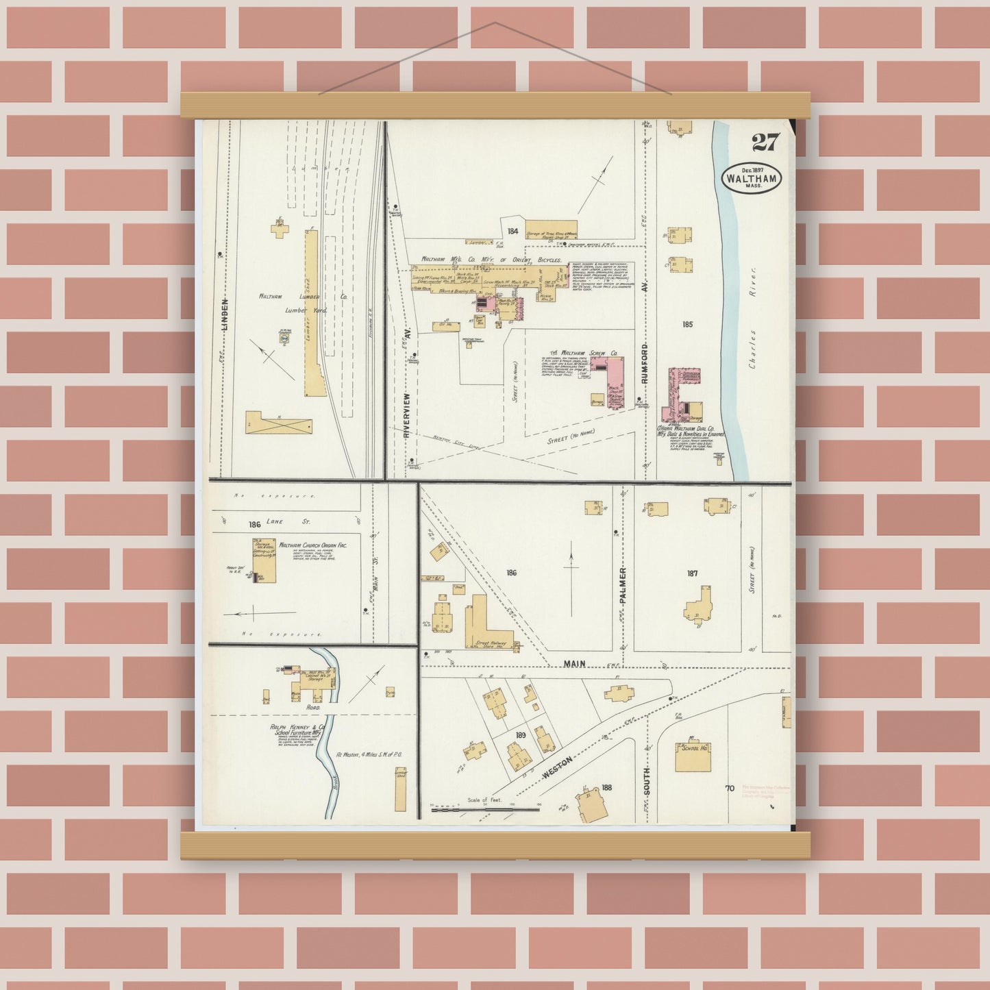 Old map wall art mockup — magnetic wood frame on brick wall — Sanborn Fire Insurance Map from Waltham, Middlesex County, Massachusetts (1897), Sheet #0027