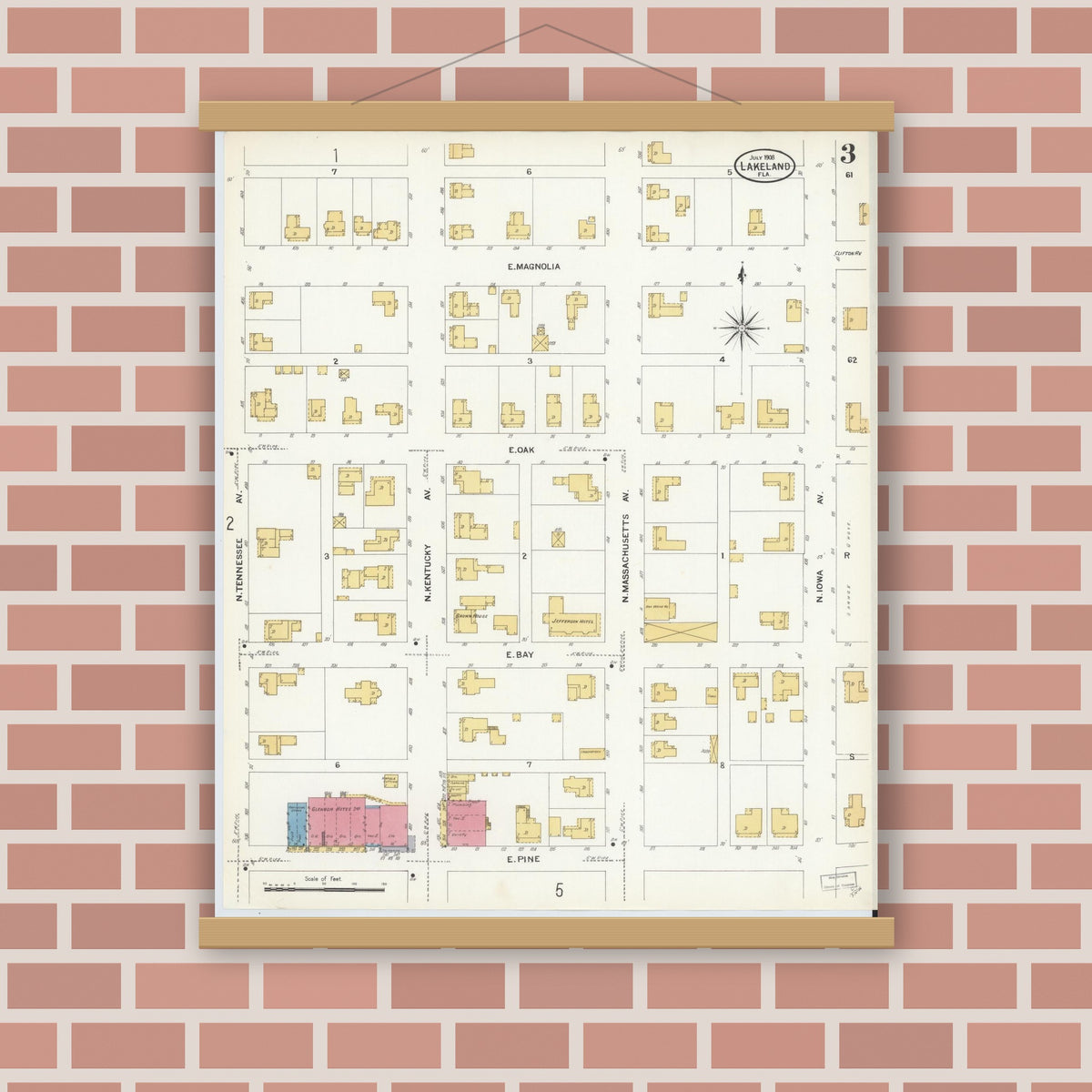 Old map wall art mockup — magnetic wood frame on brick wall — Sanborn Fire Insurance Map from Lakeland, Polk County, Florida (1908), Sheet #0003