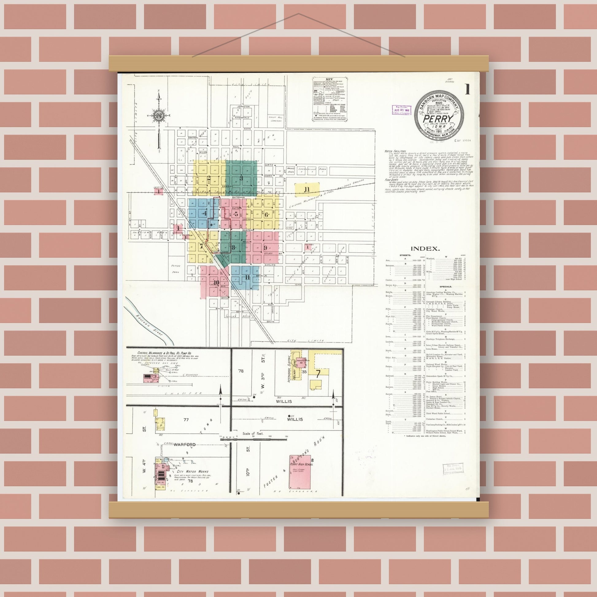 Old map wall art mockup — magnetic wood frame on brick wall — Sanborn Fire Insurance Map from Perry, Dallas County, Iowa (1911) â€” Complete Set