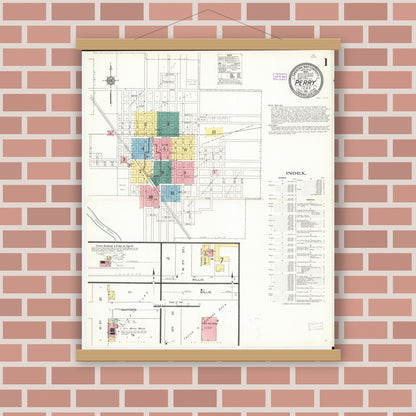 Old map wall art mockup — magnetic wood frame on brick wall — Sanborn Fire Insurance Map from Perry, Dallas County, Iowa (1911) â€” Complete Set