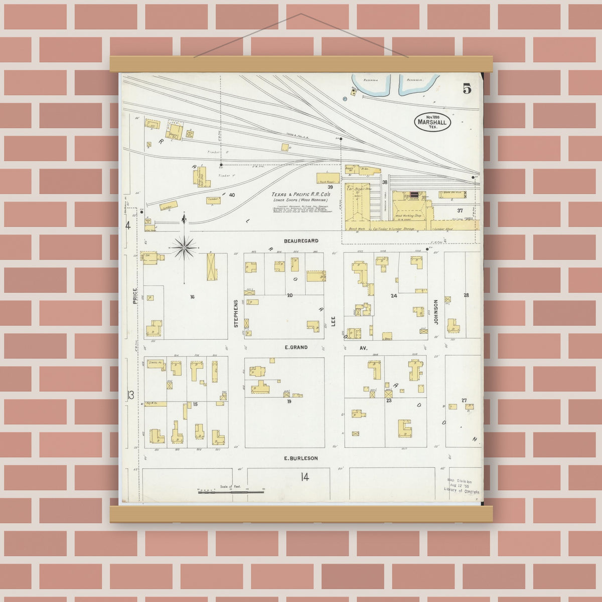 Old map wall art mockup — magnetic wood frame on brick wall — Sanborn Fire Insurance Map from Marshall, Harrison County, Texas (1899), Sheet #0005