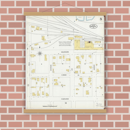 Old map wall art mockup — magnetic wood frame on brick wall — Sanborn Fire Insurance Map from Marshall, Harrison County, Texas (1899), Sheet #0005