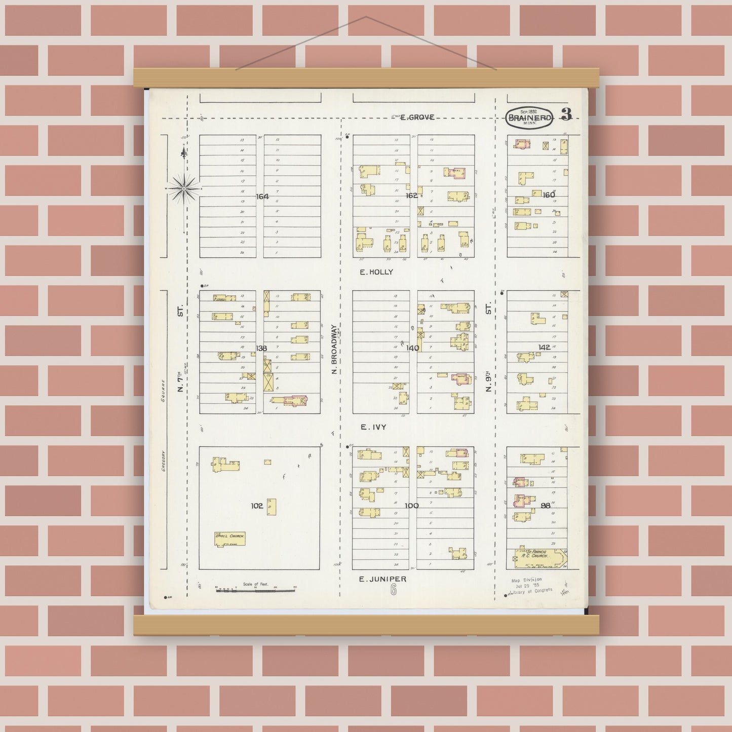 Old map wall art mockup — magnetic wood frame on brick wall — Sanborn Fire Insurance Map from Brainerd, Crow Wing County, Minnesota (1892), Sheet #0003