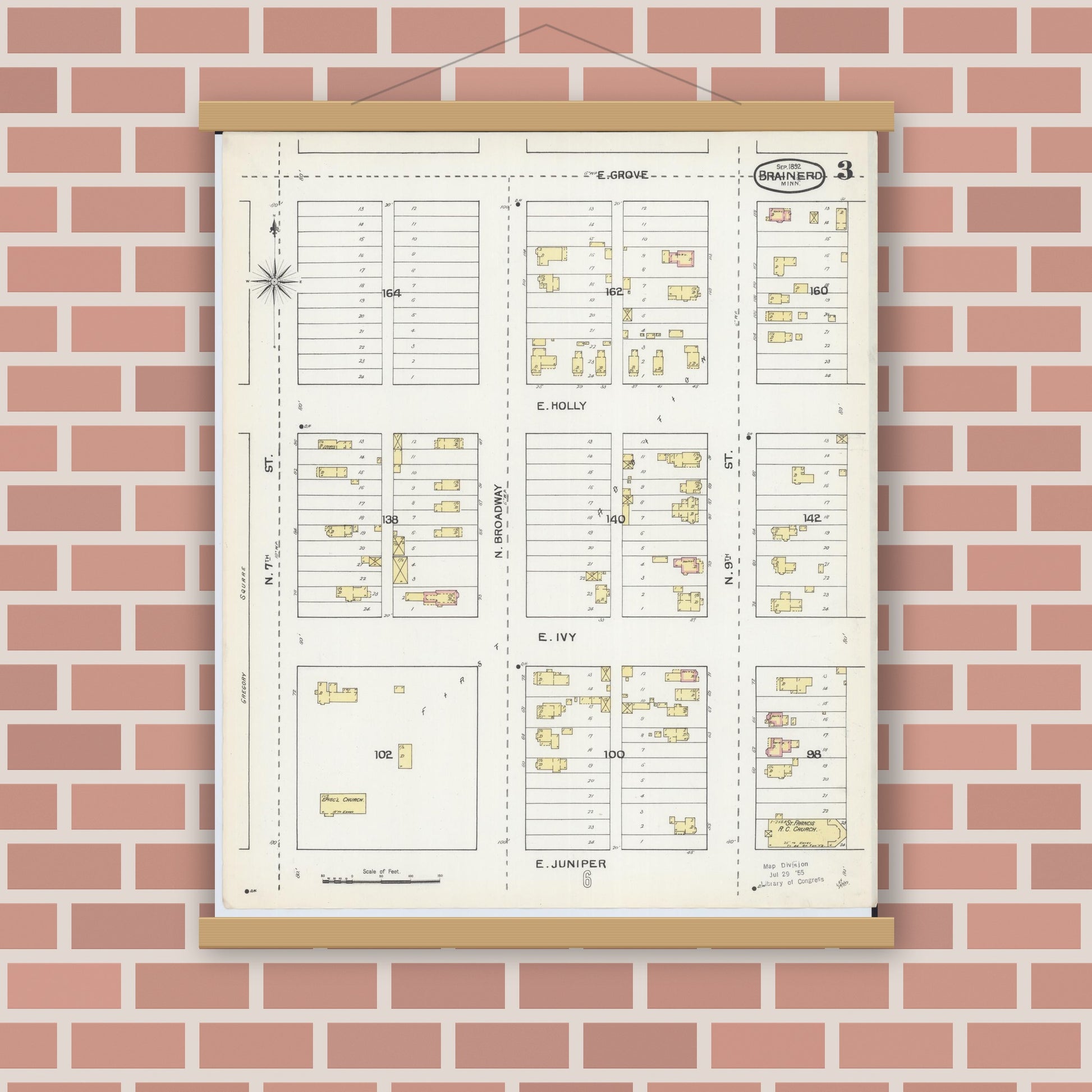 Old map wall art mockup — magnetic wood frame on brick wall — Sanborn Fire Insurance Map from Brainerd, Crow Wing County, Minnesota (1892), Sheet #0003