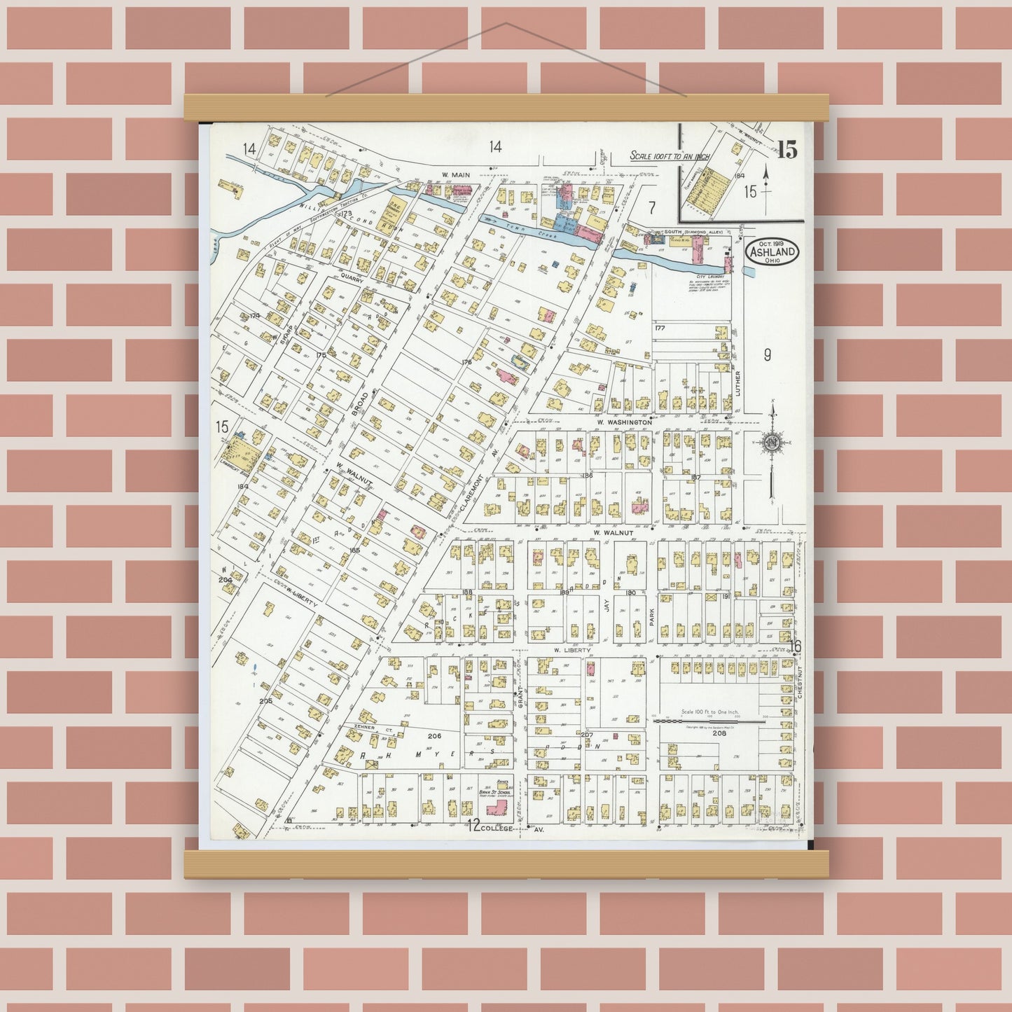 Old map wall art mockup — magnetic wood frame on brick wall — Sanborn Fire Insurance Map from Ashland, Ashland County, Ohio (1919), Sheet #0015