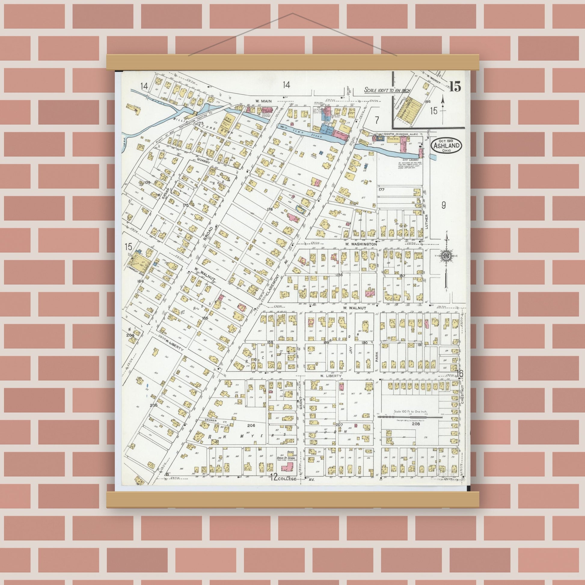 Old map wall art mockup — magnetic wood frame on brick wall — Sanborn Fire Insurance Map from Ashland, Ashland County, Ohio (1919), Sheet #0015