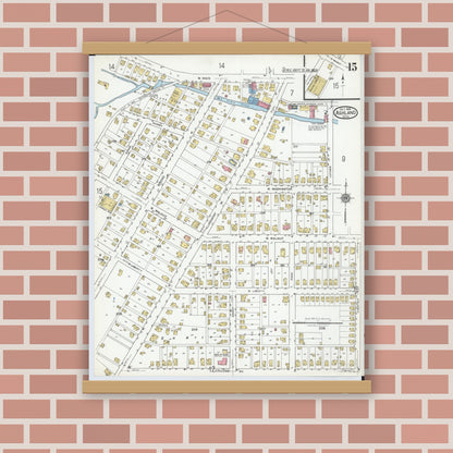 Old map wall art mockup — magnetic wood frame on brick wall — Sanborn Fire Insurance Map from Ashland, Ashland County, Ohio (1919), Sheet #0015