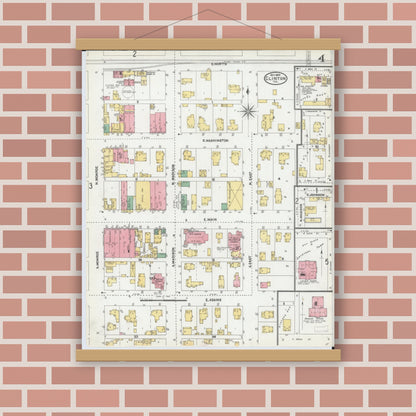 Old map wall art mockup — magnetic wood frame on brick wall — Sanborn Fire Insurance Map from Clinton, De Witt County, Illinois (1904), Sheet #0004