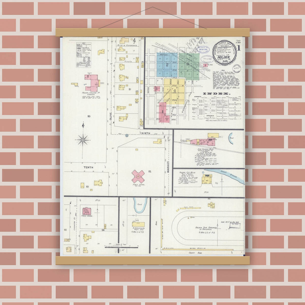 Old map wall art mockup — magnetic wood frame on brick wall — Sanborn Fire Insurance Map from Holden, Johnson County, Missouri (1898) - Complete Map Set
